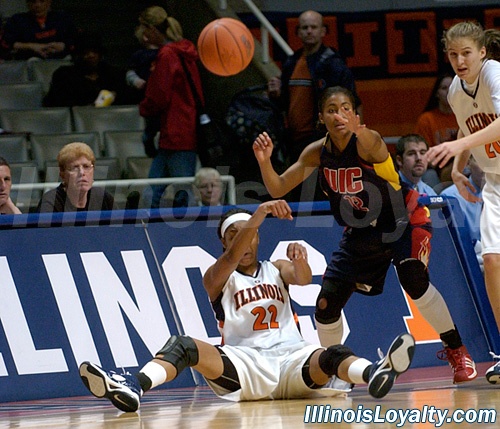 Illinois' Lacey Simpson makes a pass from the seat of her pants following one of her four steals against UIC.