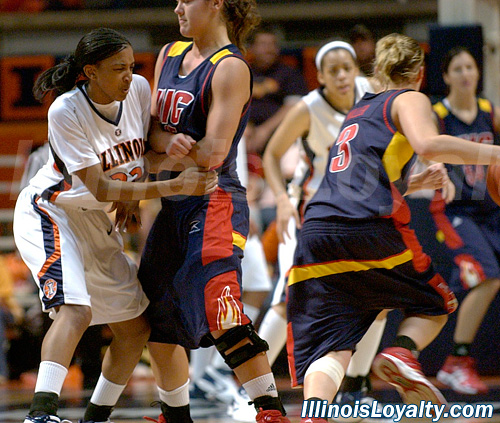 Chelsea Gordon runs into a pick by UIC's Ashley Hluska. Gordon finished with 13 points.