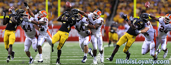 Brit Miller and Bo Flowers apply defense on Jeremy Maclin